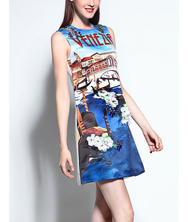 Women's Casual/Daily Street chic A Line Dress,Print Round Neck Above Knee Sleeveless Blue Cotton / Polyester Summer
