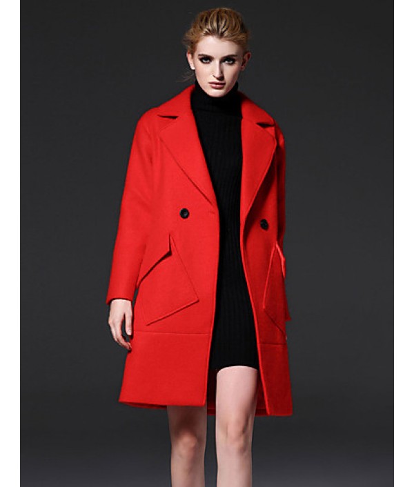  Women‘s Formal Simple Notch Lapel Long Sleeve Winter Red / Yellow Wool / Polyester Medium