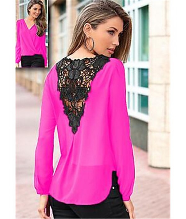 Sexy / Street chic Spring Blouse,Solid V Neck Long Sleeve Red / Black / Green / Purple Polyester Thin