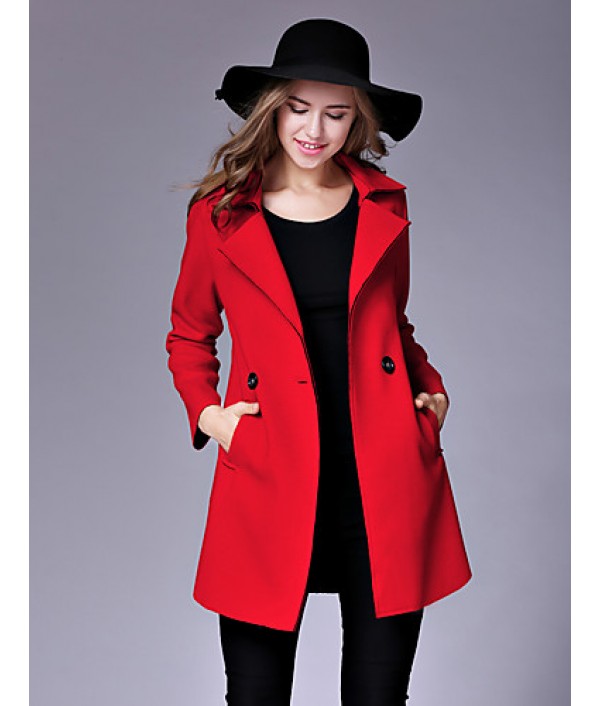 Women's Casual/Daily Street chic Pea CoatsSolid Notch Lapel Long Sleeve Winter Pink / Red / Yellow Wool / Cotton Medium