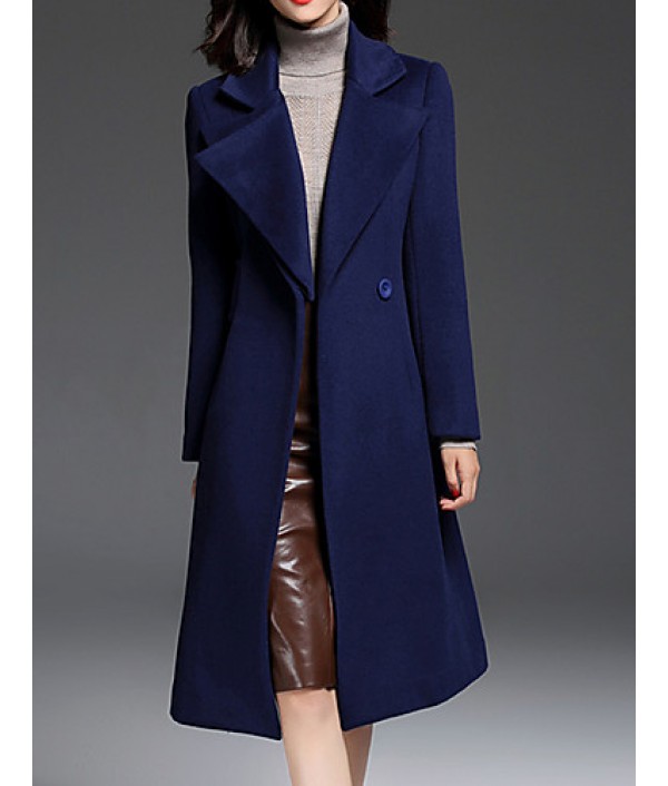 Women's Going out CoatSolid Notch Lapel Long Sleeve Fall / Winter Blue Wool / Polyester Thick