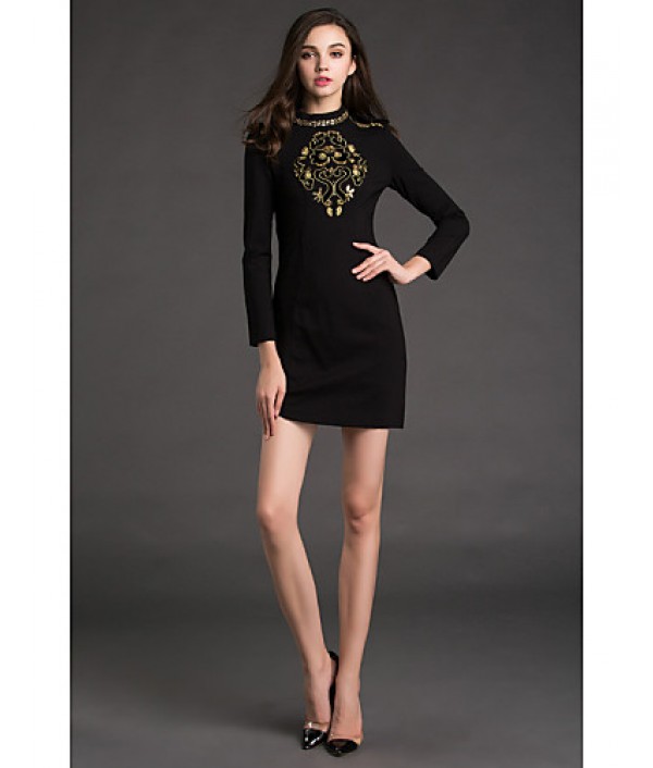 Women‘s Work Shift Dress,Jacquard Crew Neck Mini Long Sleeve Black Cotton / Polyester Spring
