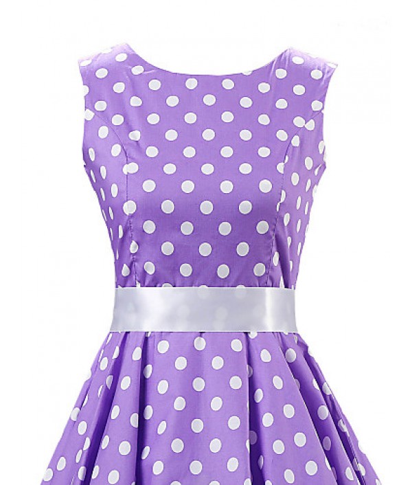 Women's Going out Vintage / Cute A Line / Skater Dress,Polka Dot Round Neck Knee-length Sleeveless Purple Cotton Spring Mid Rise