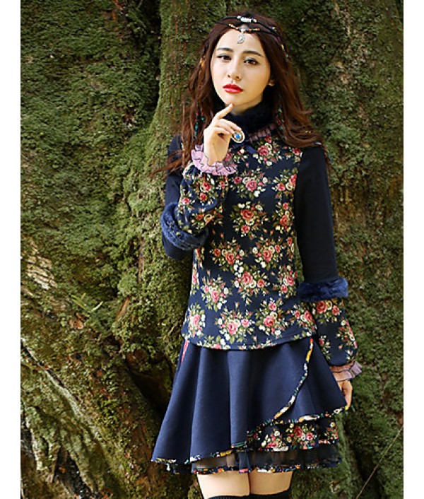 Our StoryGoing out Vintage Spring / Fall T-shirtFloral Crew Neck Long Sleeve Blue Cotton / Polyester / Spandex Medium