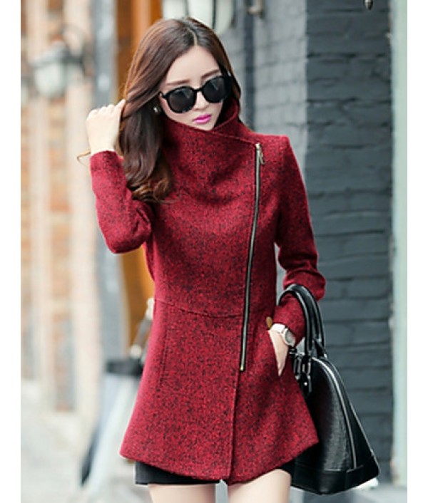 Women's Casual/Daily Simple Coat,Print Shirt Collar Long Sleeve Winter Red / Gray Wool Thick