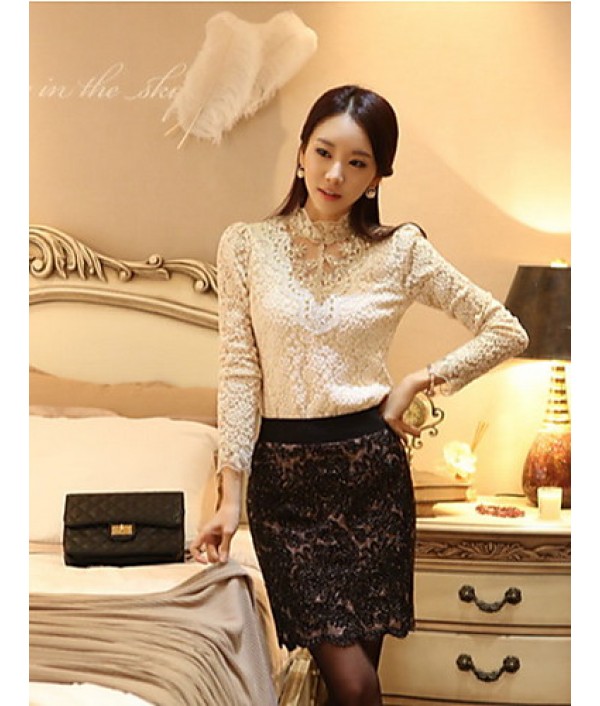 Women's Lace Crochet Black/Beige Blouse, Vintage Stand Collar Long Sleeve