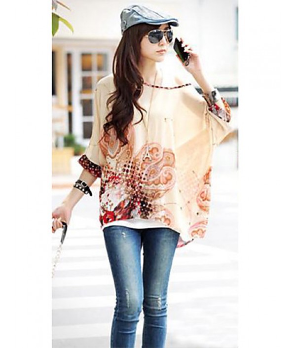 Women's Slack Neck Batwing Sleeve Printed Loose-Fitting Blouse