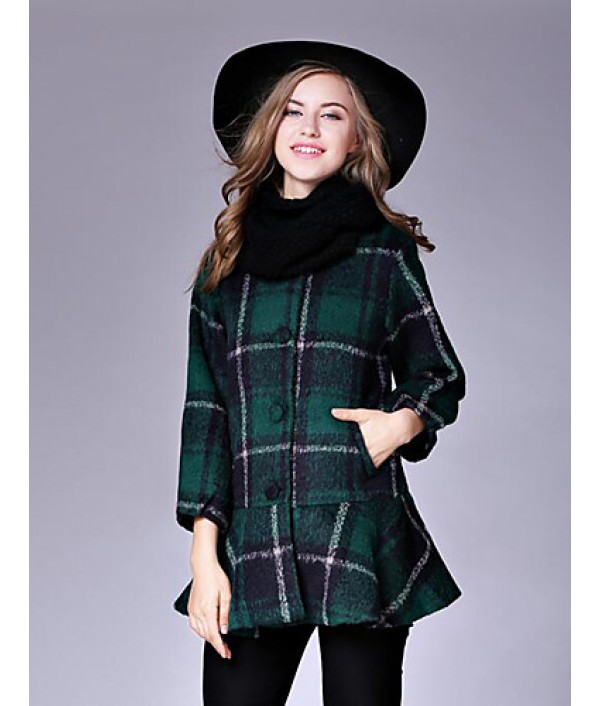 Women's Casual/Daily Street chic CoatPlaid Round Neck Long Sleeve Fall / Winter Red / Black / Green Wool Medium