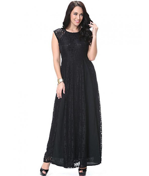 Women‘s Beach Plus Size / Lace Dress,Solid Round Neck Maxi Sleeveless Black Polyester Spring