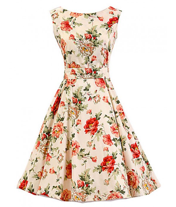 Women's Cream Floral Dress , Vintage Sle...