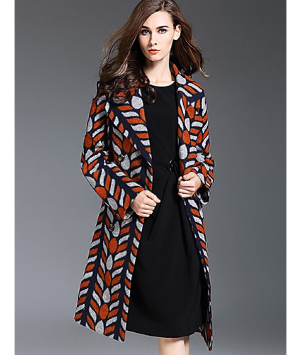 Women's Plus Size / Casual/Daily Simple Trench Coat,Color Block Notch Lapel Long Sleeve Fall / Winter Orange Wool / Acrylic / Polyester