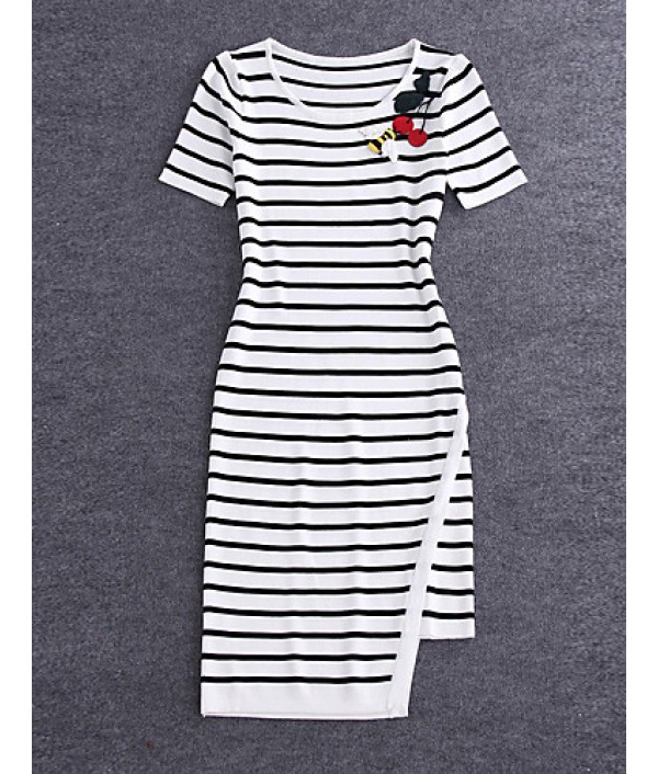 Boutique S Going out /Daily Cute Sheath DressStriped Round Neck Midi Short Sleeve White/Polyester Summer Mid Rise