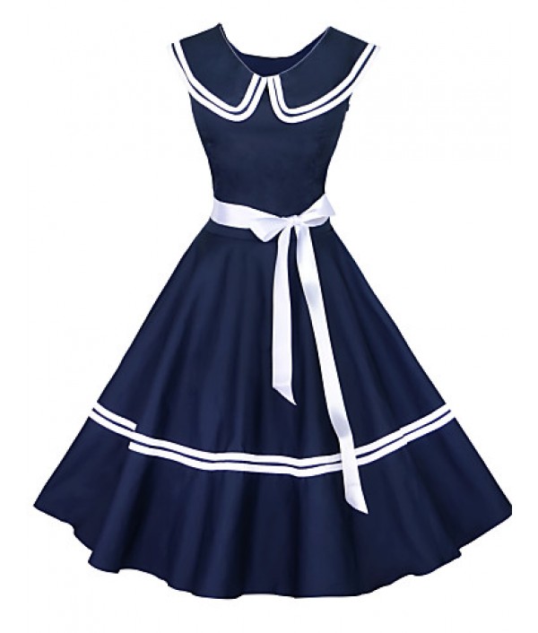 Women's 50s Vintage Nautical Sailor Rockabilly Hepburn Pinup Business Swing Dress 526