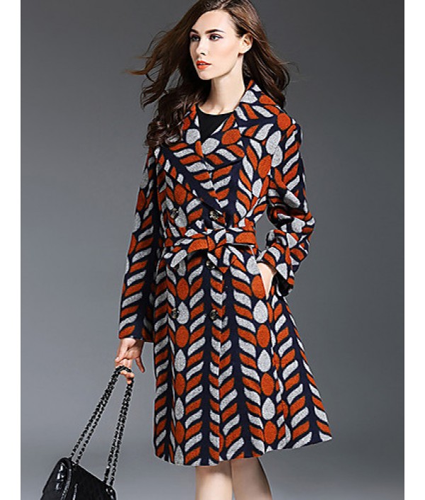 Women's Plus Size / Casual/Daily Simple Trench Coat,Color Block Notch Lapel Long Sleeve Fall / Winter Orange Wool / Acrylic / Polyester