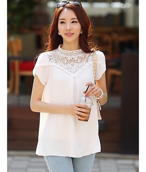 Women's Casual/Daily / Work Sexy / Simple Spring / Summer / Fall / Winter Blouse,Solid Stand Short Sleeve White Polyester / OthersOpaque