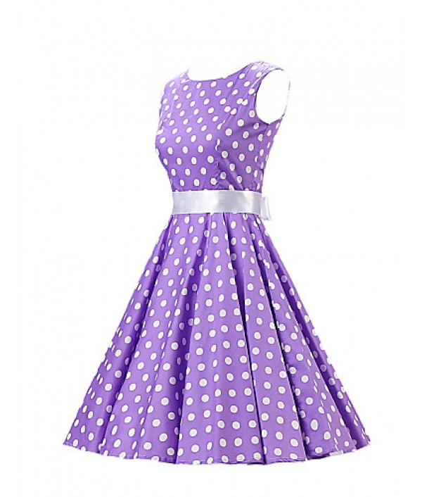 Women's Going out Vintage / Cute A Line / Skater Dress,Polka Dot Round Neck Knee-length Sleeveless Purple Cotton Spring Mid Rise