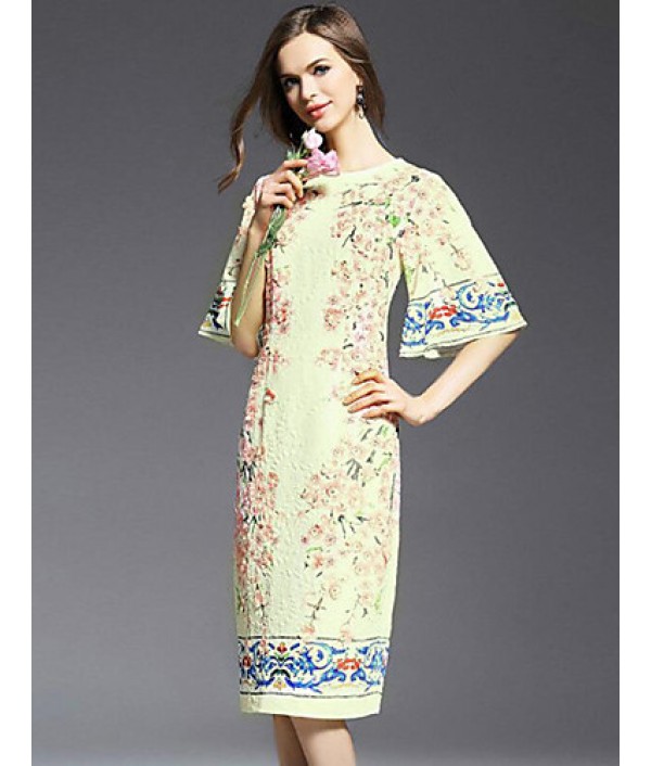 Casual/Daily Simple Sheath Dress,Print Round Neck Knee-length ? Length Sleeve White Others Summer Mid Rise