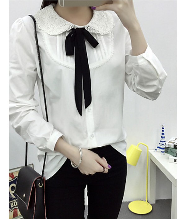 Women's Solid / Lace White Loose Cute Long Blouse Shirt , Peter Pan Collar Long Sleeve