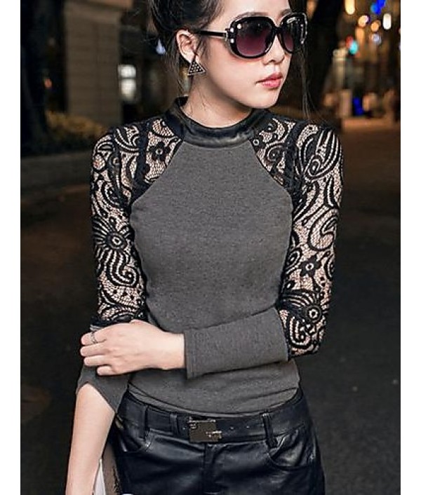Women's Lace Black/Gray T-shirt,Sexy Crew Neck Long Sleeve Splicing