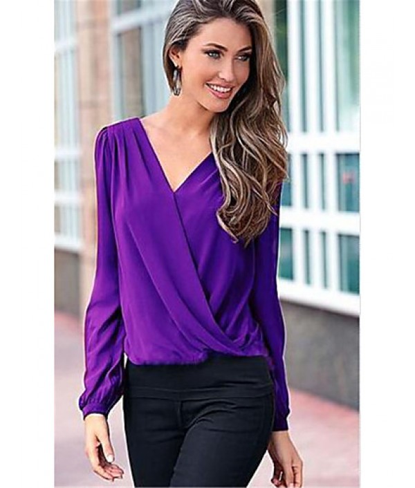 Sexy / Street chic Spring Blouse,Solid V Neck Long Sleeve Red / Black / Green / Purple Polyester Thin