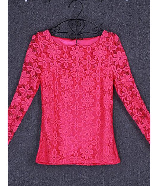 Women's Patchwork Lace Slim All Match Fashion Street chic Simple Plus Size T-shirt,Round Neck Long Sleeve