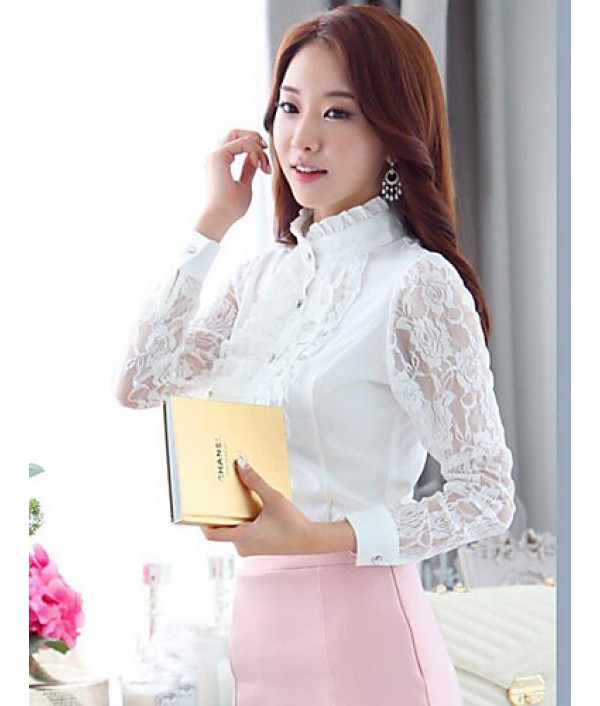 Women's Patchwork Lace Chiffion Pleated OL Style Slim Large Size Shirt,Shirt Collar Long Sleeve