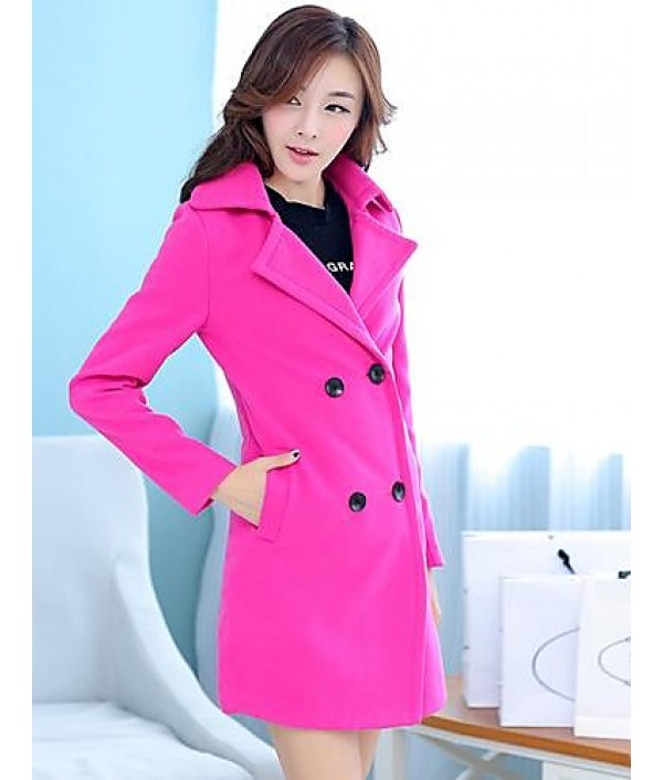Women's Coat,Solid Long Sleeve Winter Pink / Red / Green Wool Medium