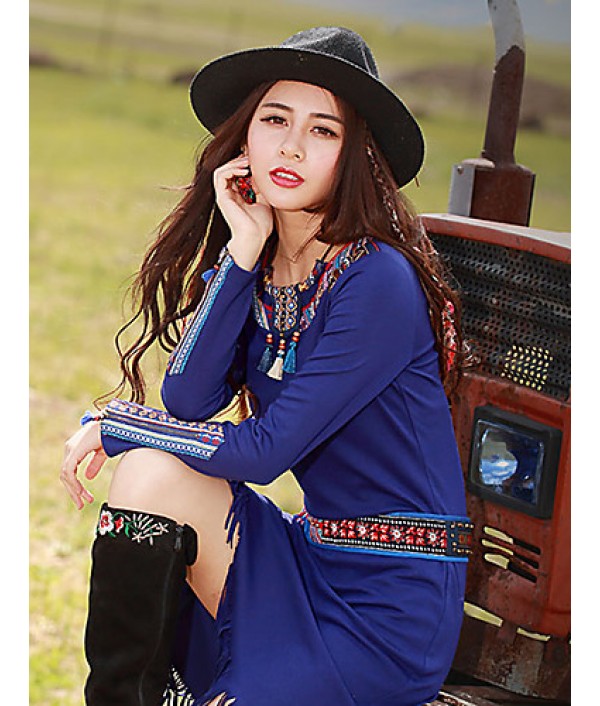 Our StoryGoing out Vintage Sheath DressPaisley Round Neck Midi Long Sleeve Blue Polyester / Spandex Spring