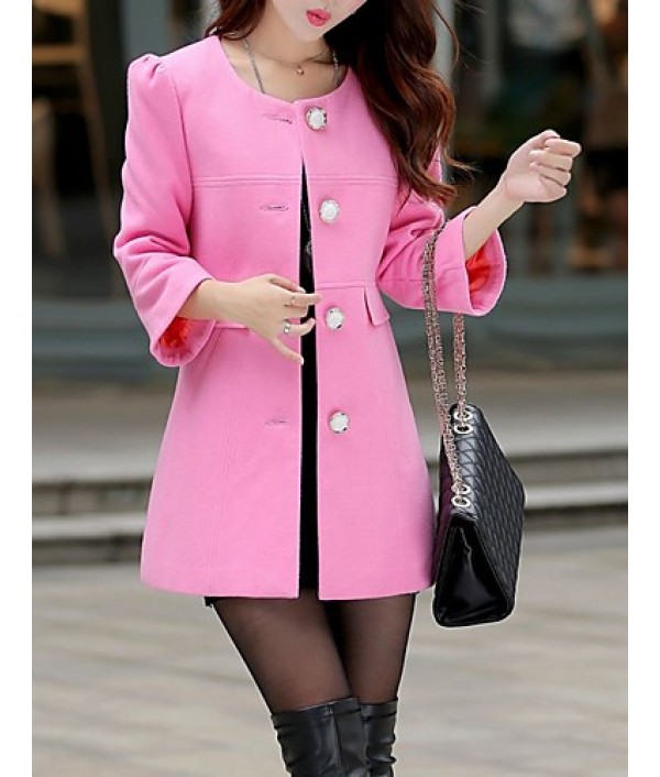 Women's Casual/Daily Simple Coat,Solid Notch Lapel Long Sleeve Fall Pink / White / Yellow Wool Medium