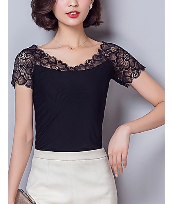 Women's Patchwork Black Blouse,Sexy/Plus Size Lace Mesh Embroidery Elegant V Neck Short Sleeve