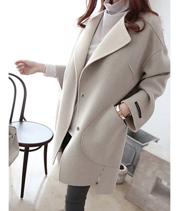 Women's Casual/Daily Simple CoatSolid Round Neck Long Sleeve Winter Gray Wool Thick