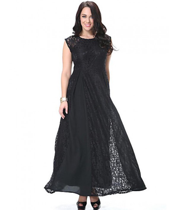 Women‘s Beach Plus Size / Lace Dress,Solid Round Neck Maxi Sleeveless Black Polyester Spring