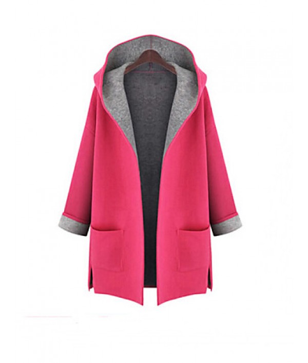 Women's Plus Size Trench Coat,Color Block Hooded Long Sleeve Fall Red / Yellow Wool / Others Medium