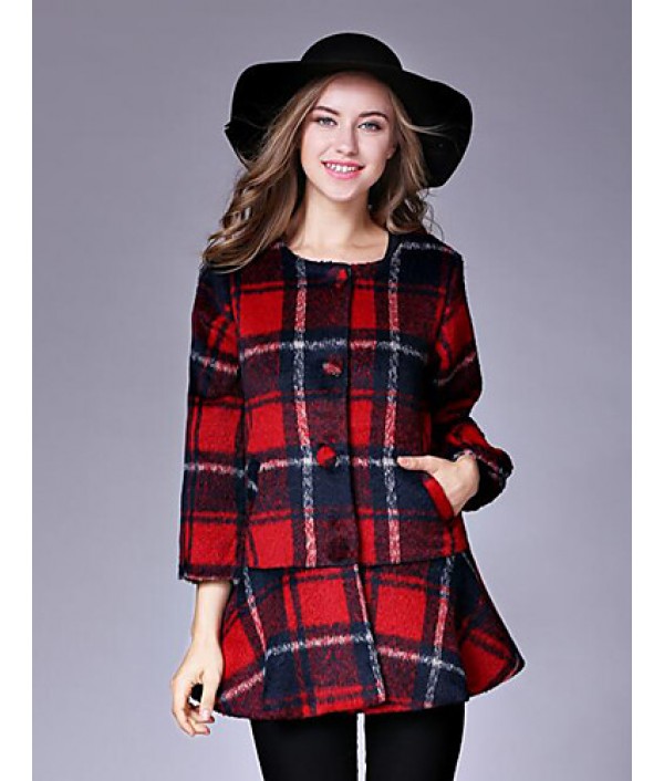 Women's Casual/Daily Street chic CoatPlaid Round Neck Long Sleeve Fall / Winter Red / Black / Green Wool Medium
