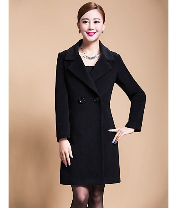 Women's Solid Blue / Black / Yellow Casual Loose Long Woolen Overcoat , Work / Plus Sizes Long Sleeve Wool