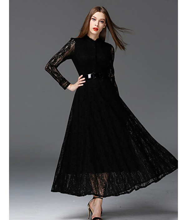  Women‘s Work Vintage DressSolid Stand Maxi Long Sleeve Black Cotton / Polyester / Nylon
