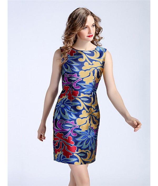  Women‘s Plus Size / Going out Chinoiserie Sheath DressEmbroidered Round Neck Above Knee Sleeveless