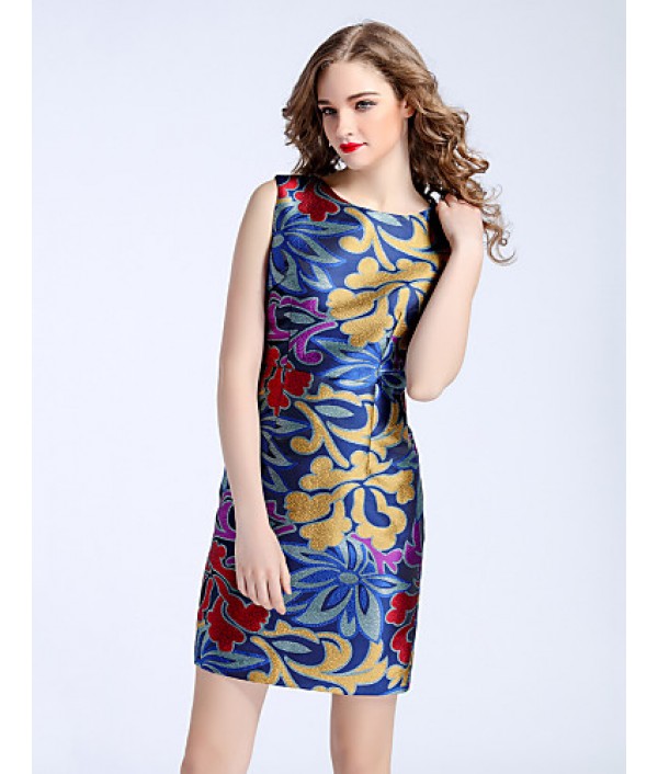  Women‘s Plus Size / Going out Chinoiserie Sheath DressEmbroidered Round Neck Above Knee Sleeveless