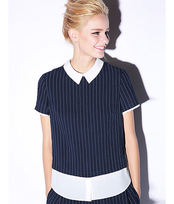 NewbeforeWomen's Going out Simple Summer BlouseStriped Shirt Collar Short Sleeve Blue / Brown
