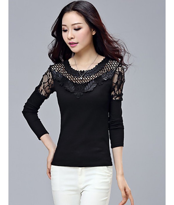 Women's Patchwork Black Blouse,Plus Size/ Casual Lace Cut Out Mesh Embroidery Flower Fashion Slim Nylon