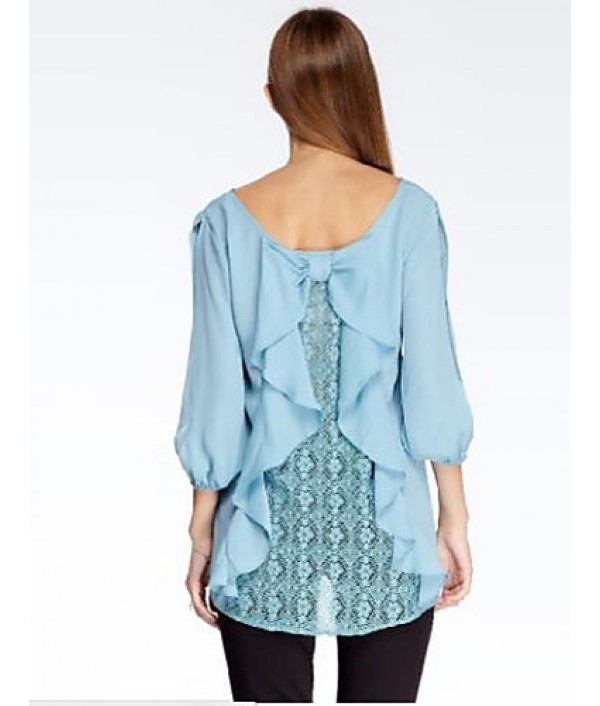 Women‘s Going out Simple Summer Blouse,Solid Round Neck ? Sleeve Blue Polyester Thin