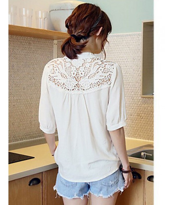 Women's Casual/Daily Cute Spring Blouse,Patchwork V Neck ? Length Sleeve White Cotton Opaque