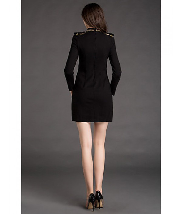 Women‘s Work Shift Dress,Jacquard Crew Neck Mini Long Sleeve Black Cotton / Polyester Spring