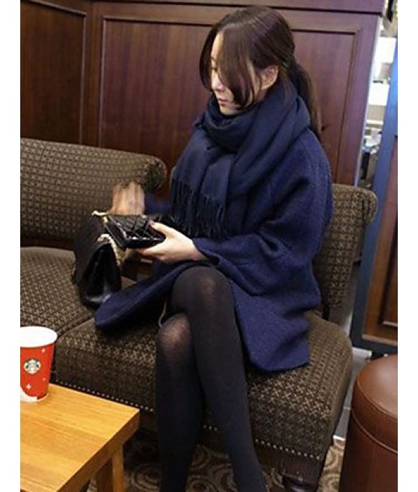 Women's Casual/Daily Simple Coat,Solid Round Neck Long Sleeve Fall / Winter Blue / White Wool Thick