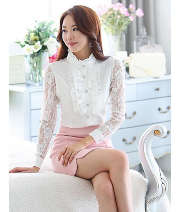 Women's Patchwork Lace Chiffion Pleated OL Style Slim Large Size Shirt,Shirt Collar Long Sleeve
