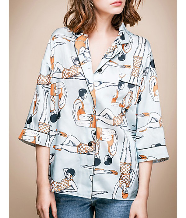 LIANGSANSHIWomen‘s Casual/Daily Street chic Summer Shirt,Print Shirt Collar ? Sleeve Blue Polyester / Others Thin
