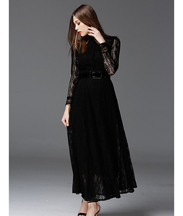  Women‘s Work Vintage DressSolid Stand Maxi Long Sleeve Black Cotton / Polyester / Nylon