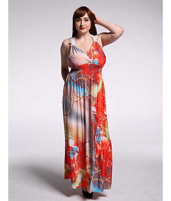 Women's Beach / Plus Size Boho Dress,Floral V Neck Maxi Sleeveless Orange Polyester / Spandex Summer