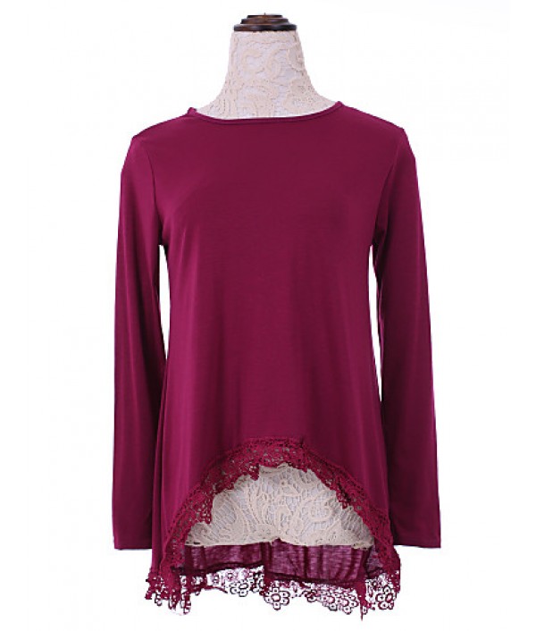 Women's Going out Simple / Street chic Blouse,Solid Round Neck Long Sleeve Purple Cotton / Rayon Medium
