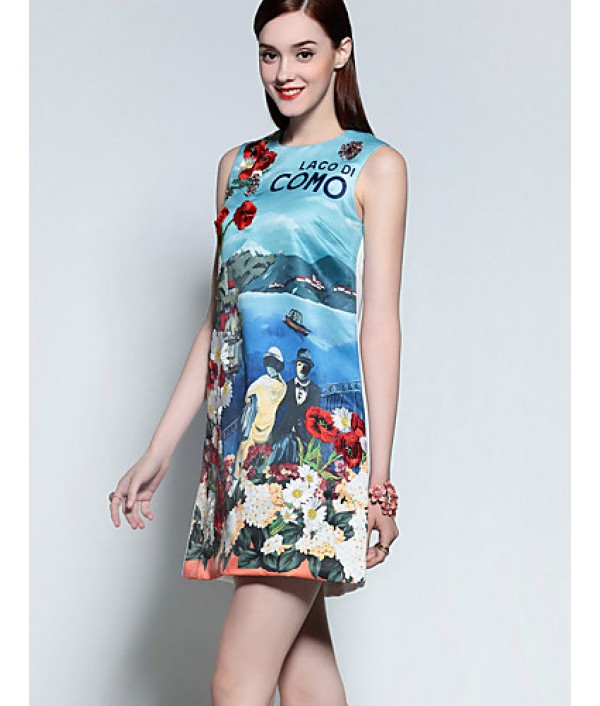 Boutique S Women's Casual/Daily Cute A Line Dress,Print Round Neck Above Knee Sleeveless Blue Cotton Summer